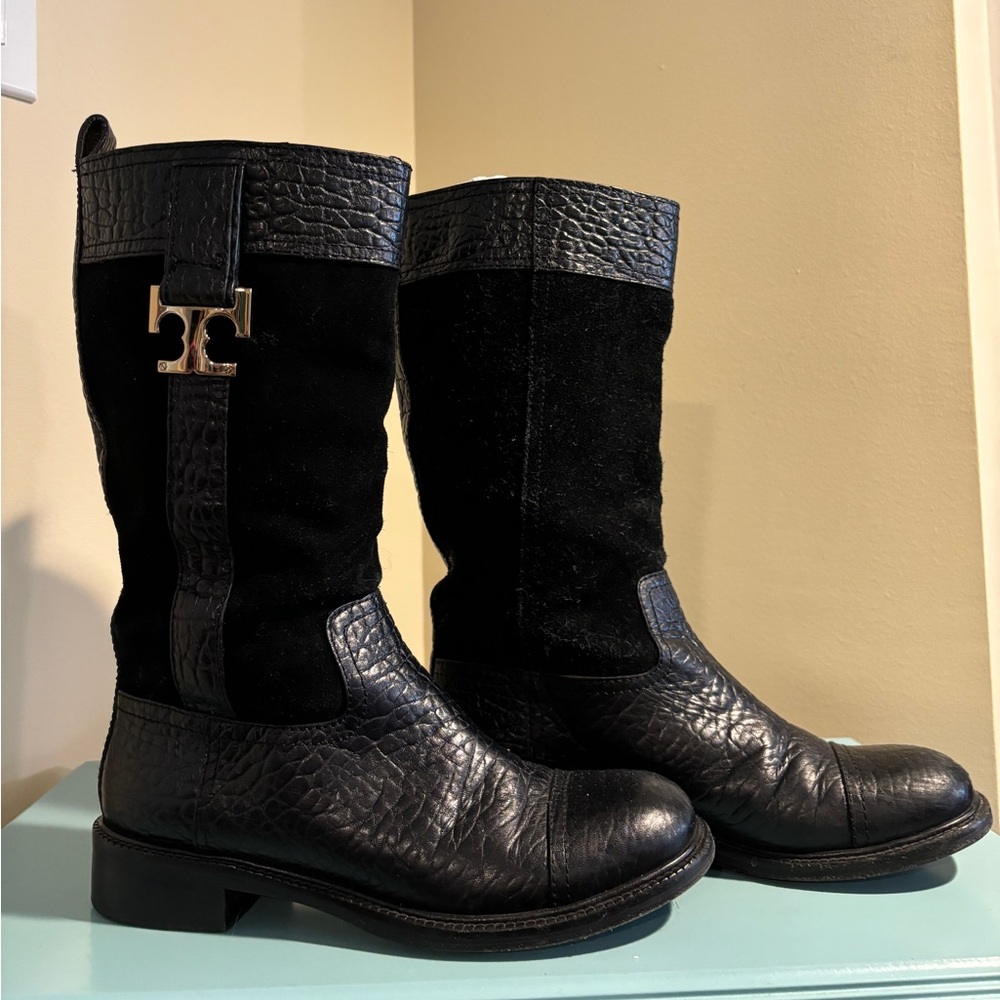 Tory Burch Black Suede + Leather Corey Pull On Mid-Calf Boots